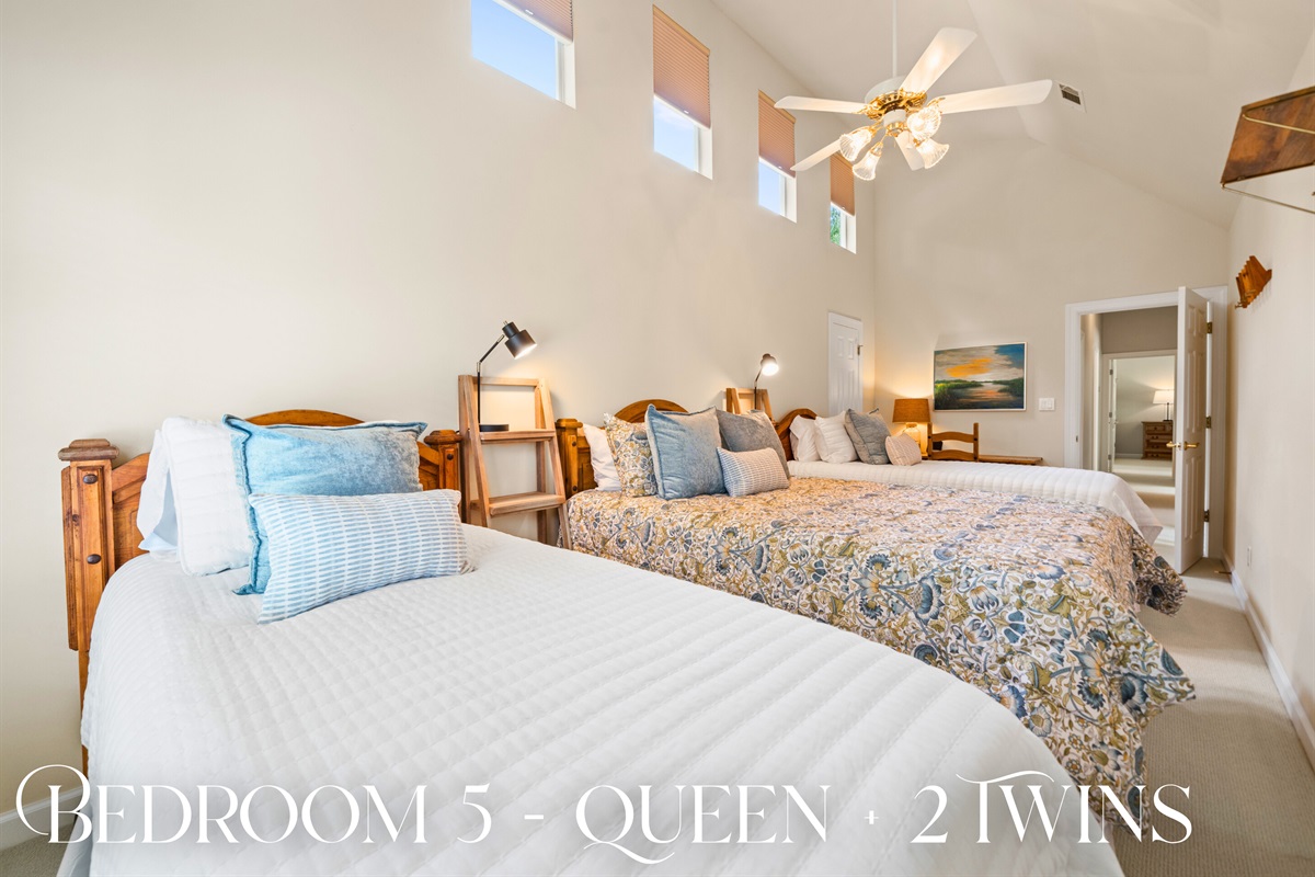 Bedroom 5: Queen + 2 Twins &mdash; the perfect setup for families or groups with flexible sleeping arrangements.