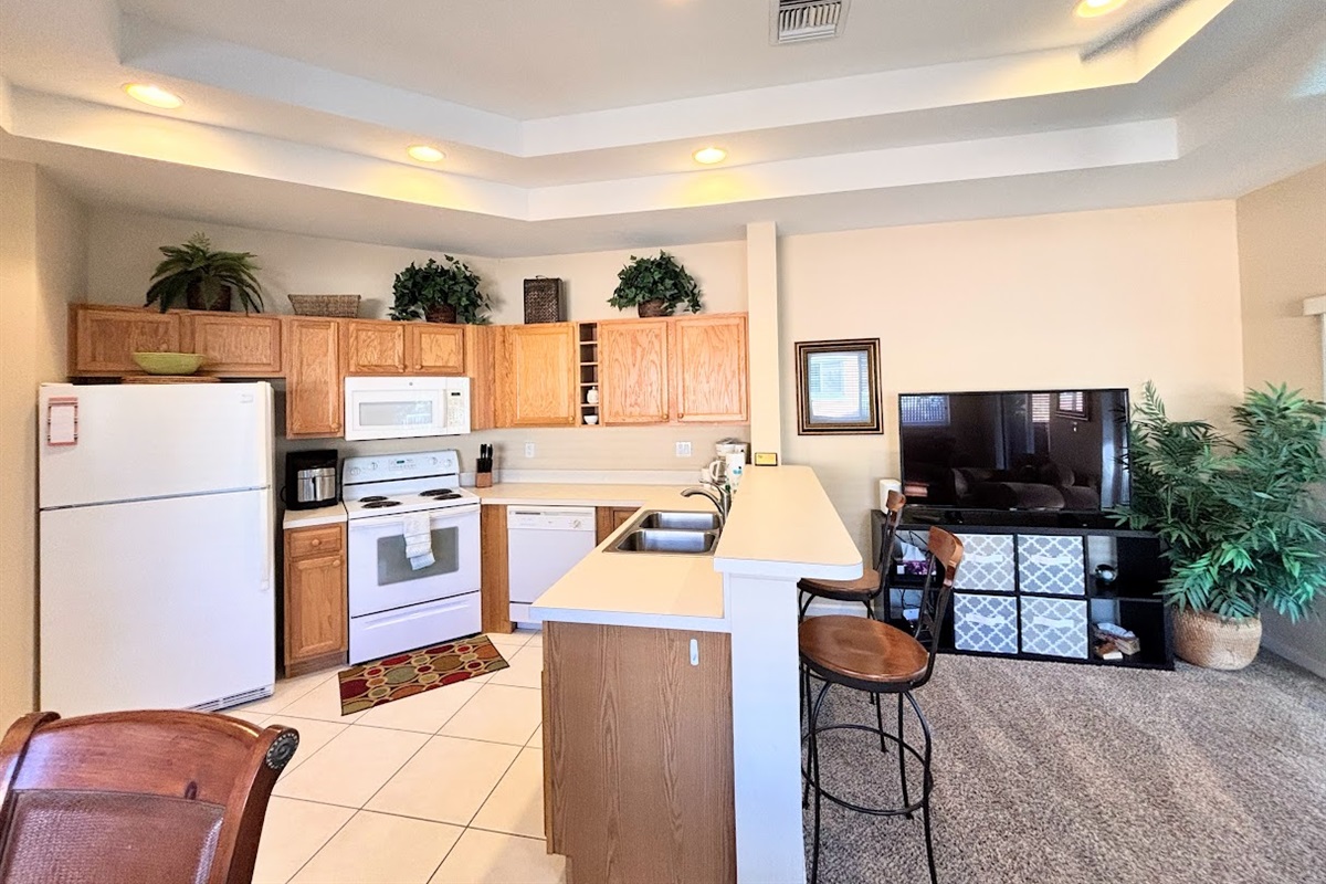 Open-concept kitchen and living area featuring full-size appliances, breakfast bar seating, large TV, and high tray ceilings for a bright, spacious feel.