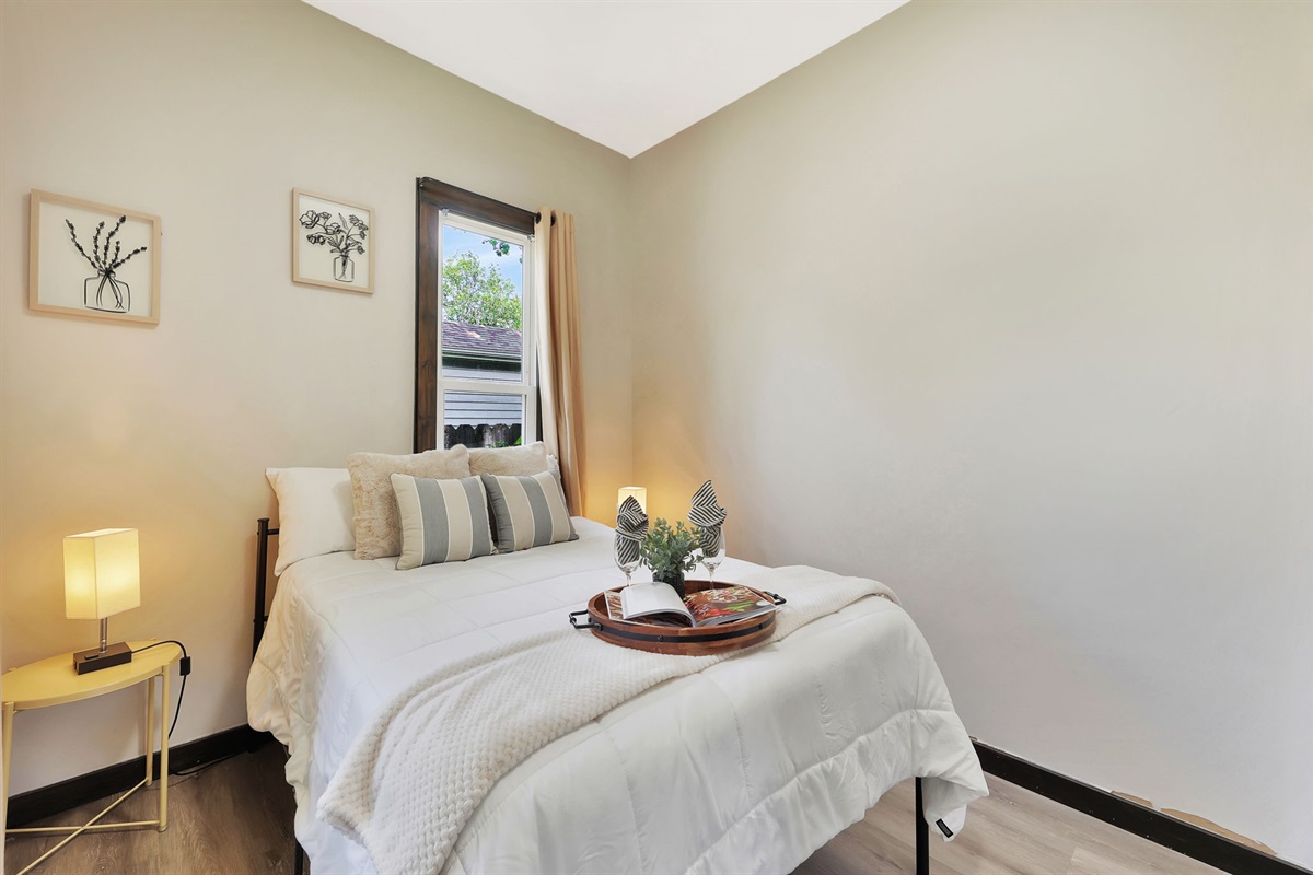 Front bedroom includes black out curtains.