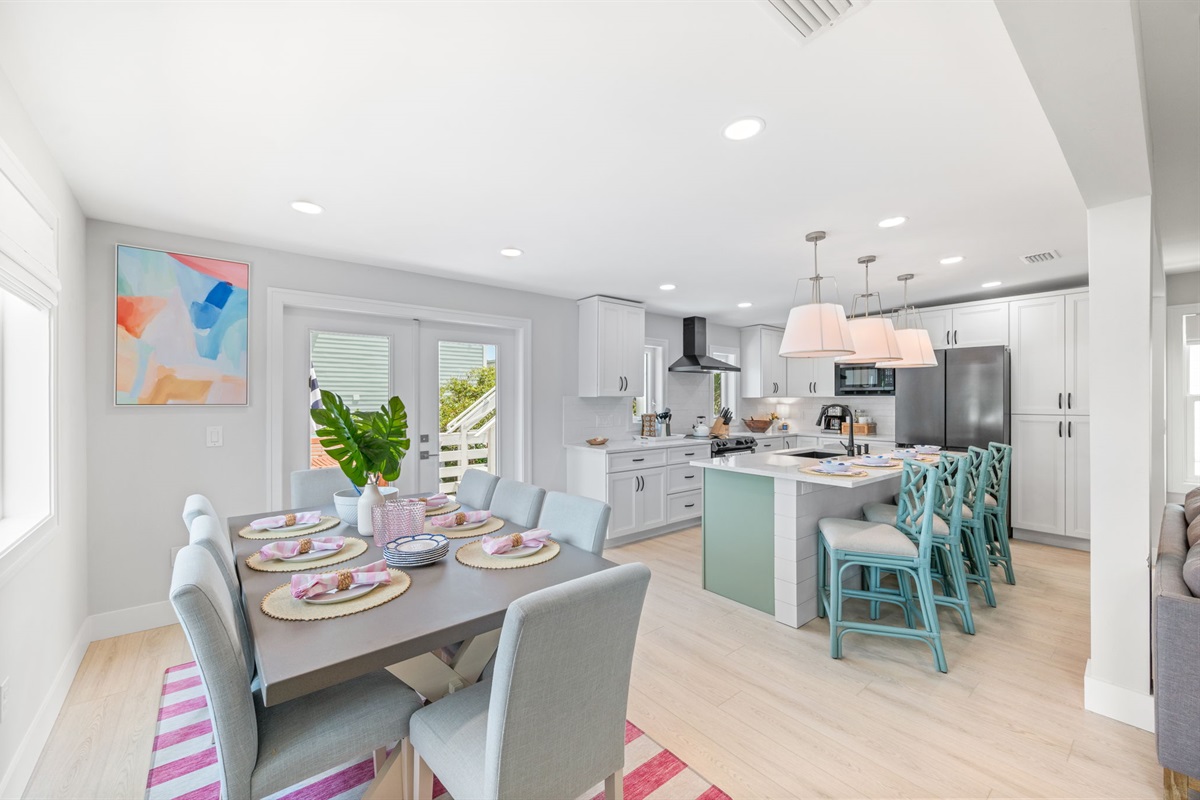 The open kitchen and eating area allow for 12 guests to eat together comfortably