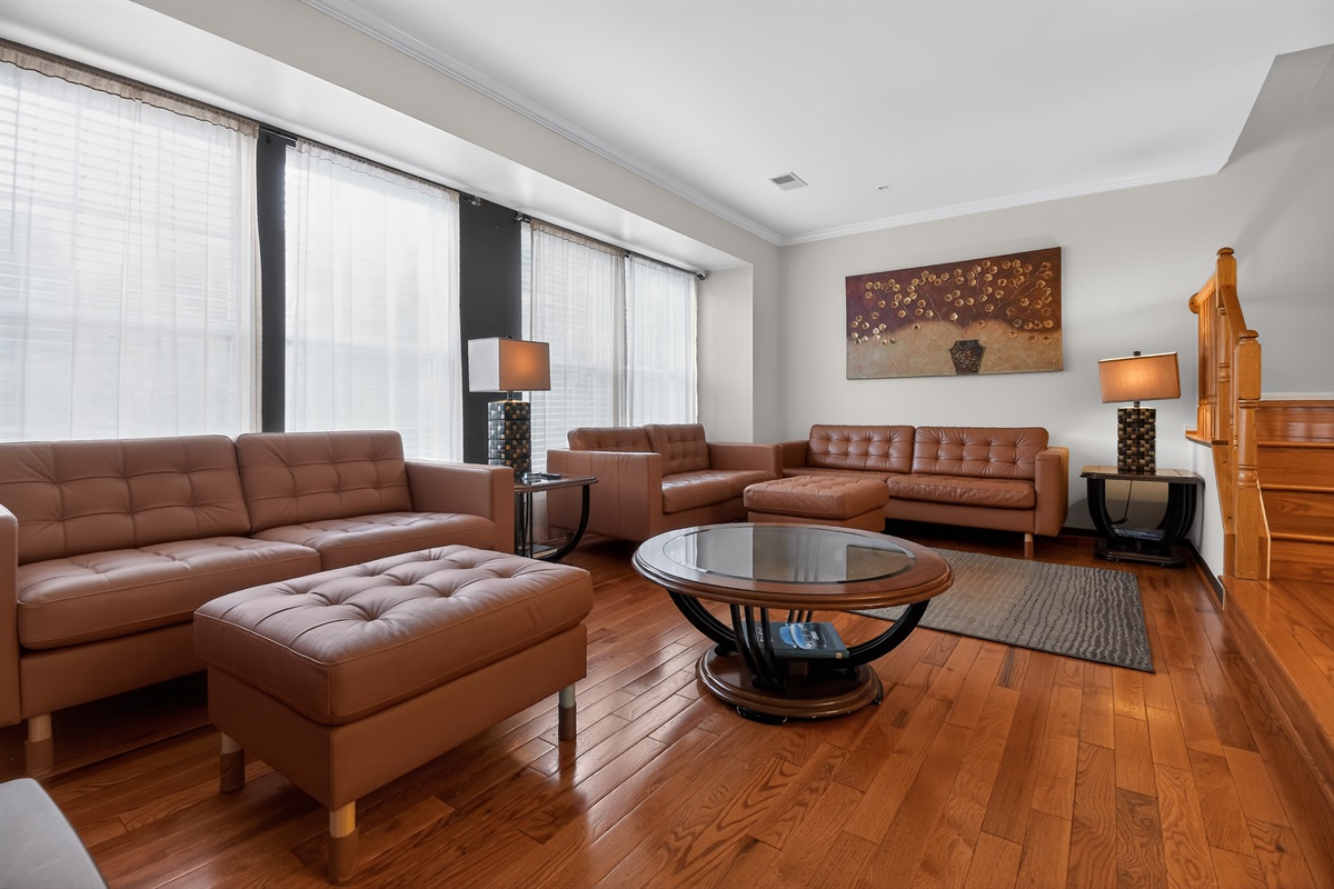 Two Living Rooms — Second Lounge Area, Leather Seating, Flex Space for Adults or Kids