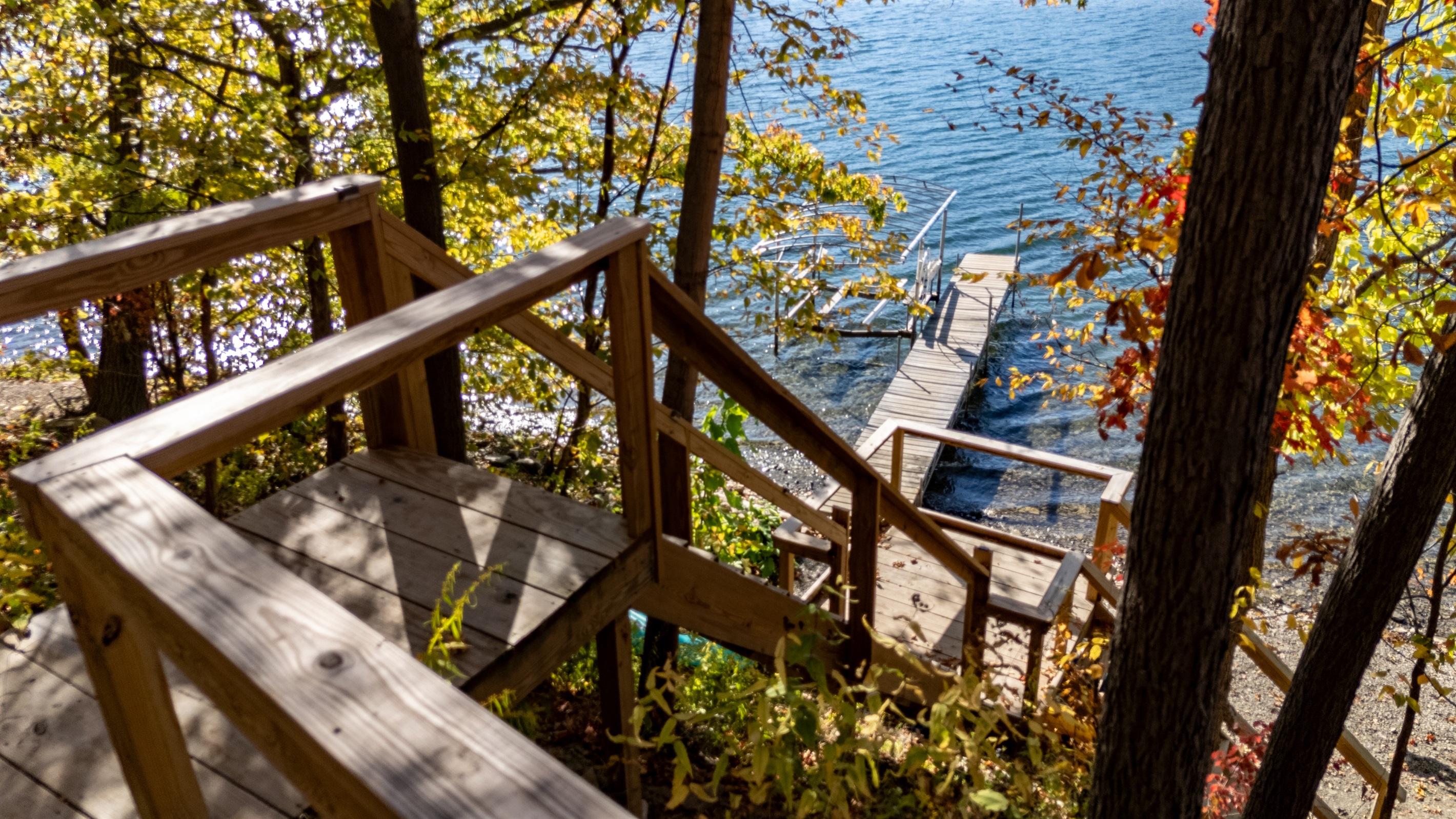 Wooden stair descent through trees to the lake’s edge — lakeside access.