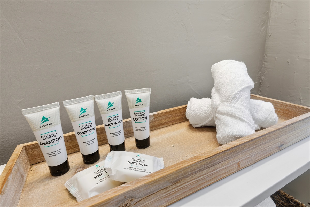 Complimentary shampoo, conditioner, body wash, lotion, and soaps
