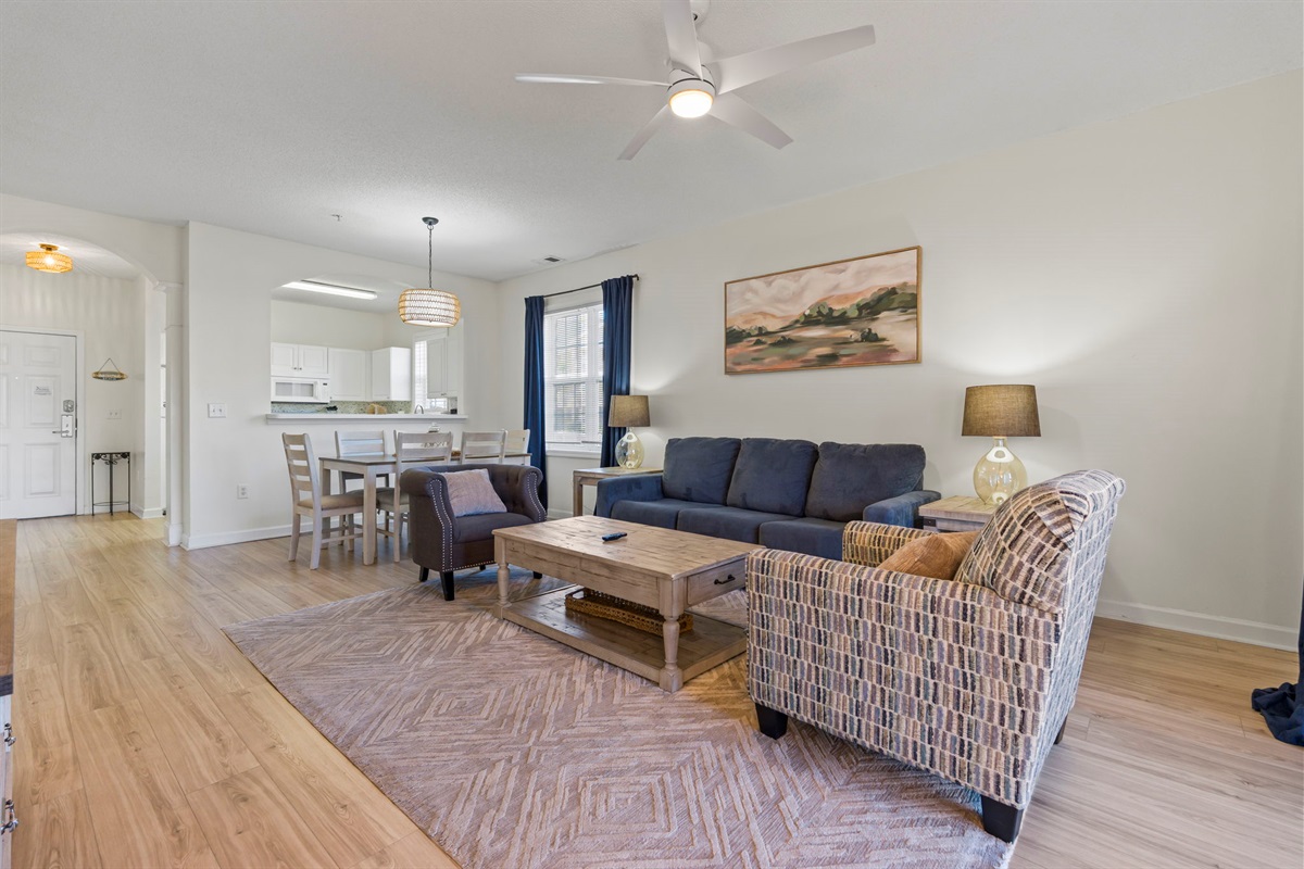Spacious and thoughtfully designed living room with sleeper sofa