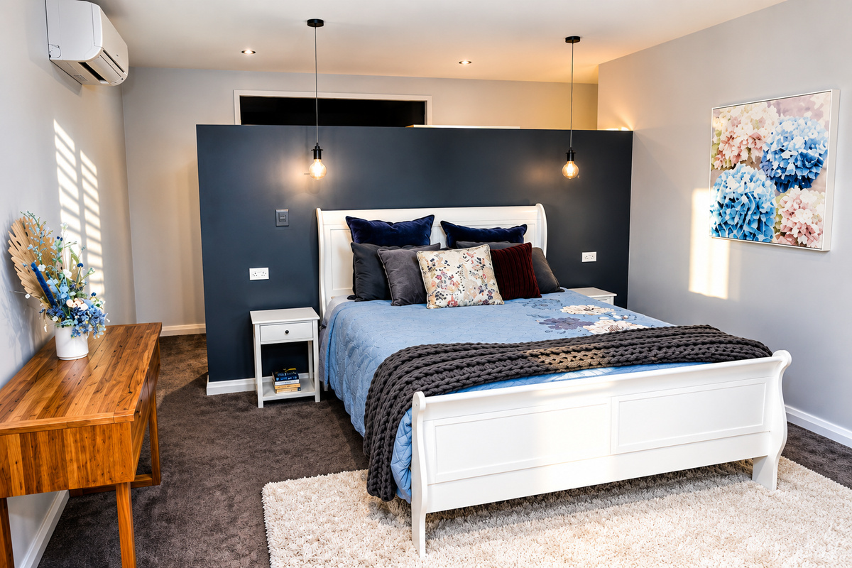 Ground-floor queen bedroom with ensuite bathroom, giving Sant’s Beach Retreat a practical sleeping space away from the upstairs bedrooms.