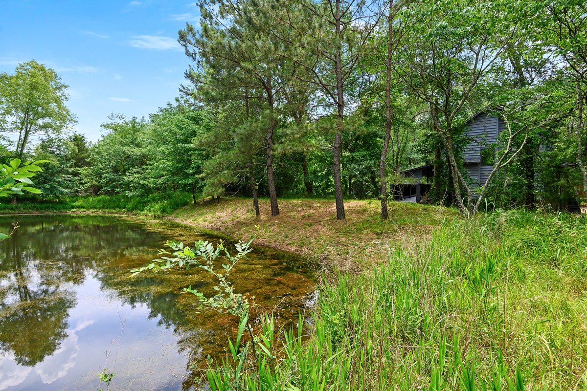 Your private pond — peaceful mornings, fishing afternoons, and golden reflections at dusk.