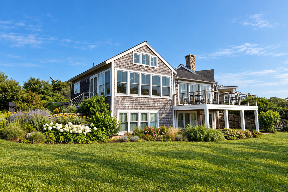 Exterior with deck and landscaped gardens