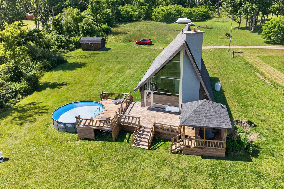Overhead view of the pool and deck