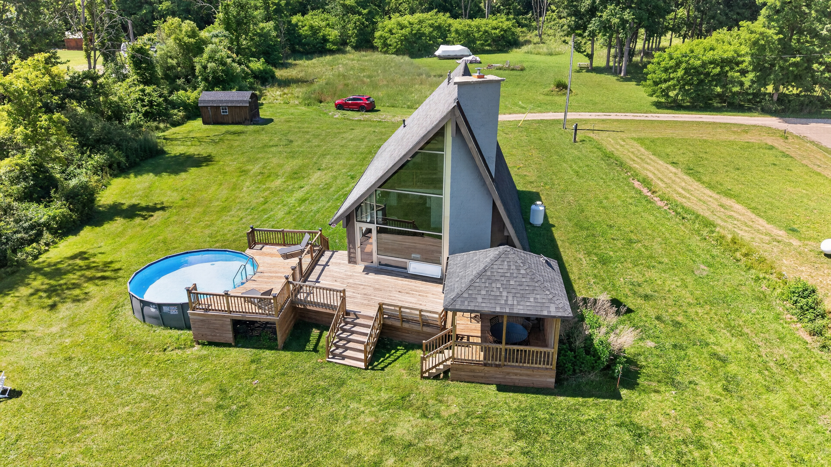 Overhead view of the pool and deck