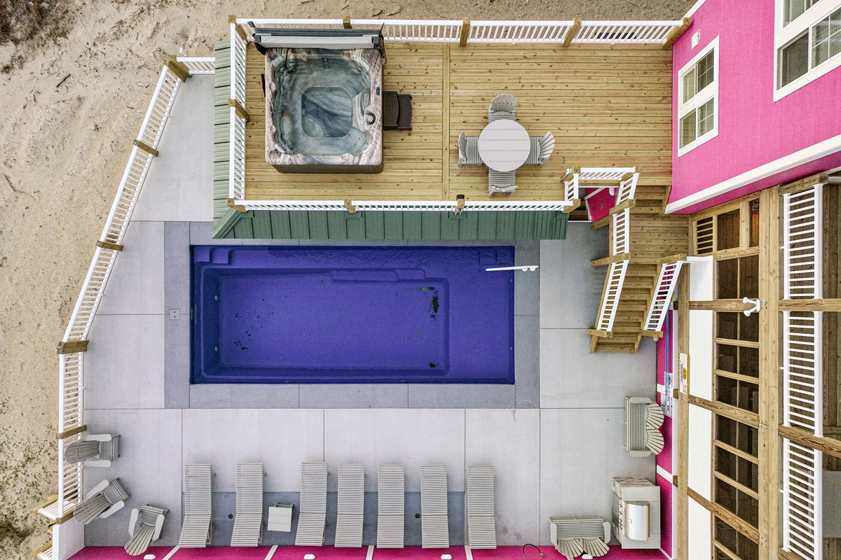 Overhead View of Private Pool, Hot Tub, & Lounge Seating