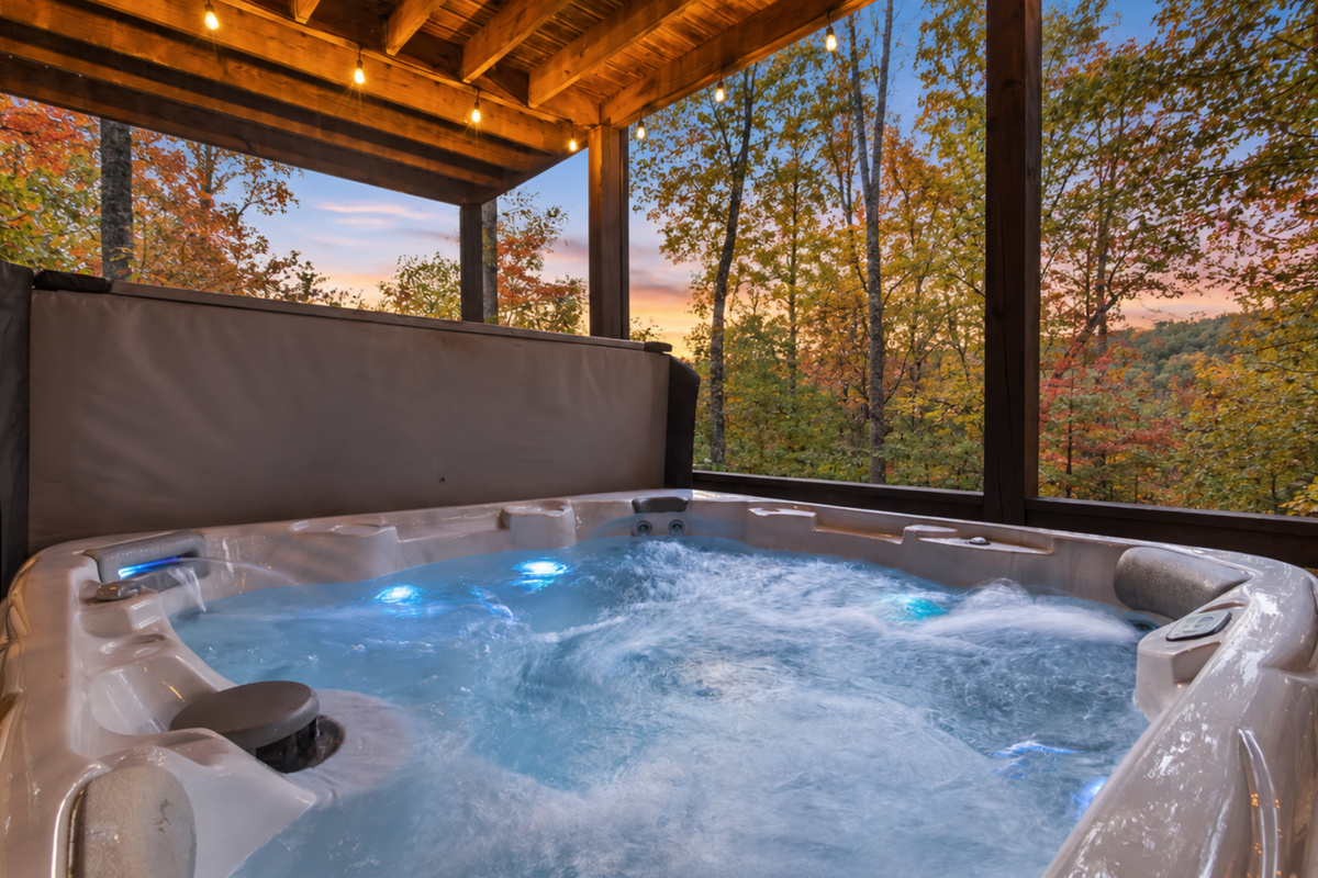 Sink into bubbling bliss... the hot tub, your perfect spot to unwind after a day of mountain adventures.