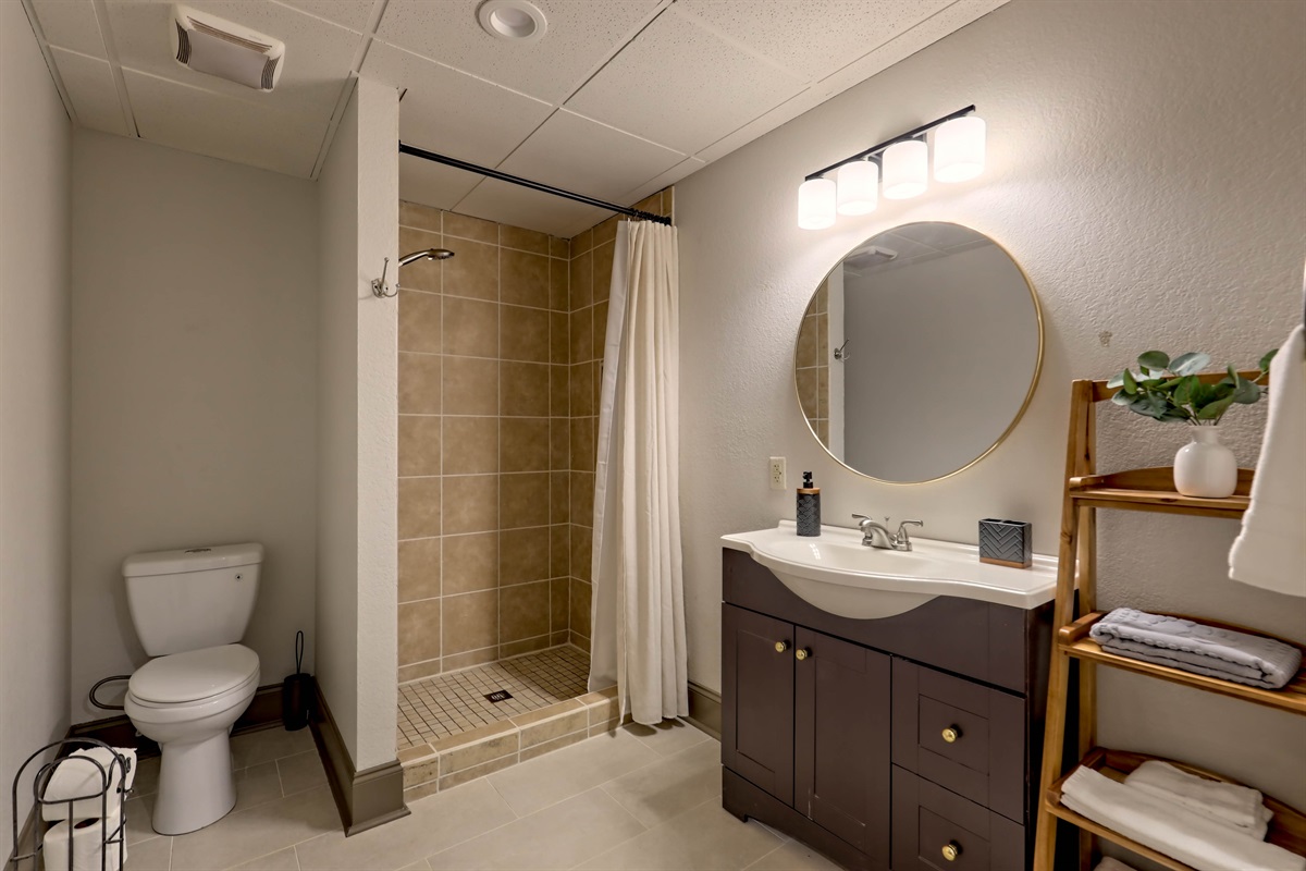 Bright bathroom with walk-in shower on the basement level