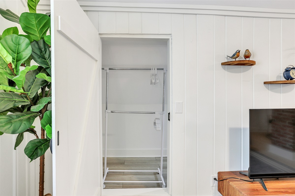 A spacious walk-in closet just off the living room—perfect for keeping everything organized during your stay.