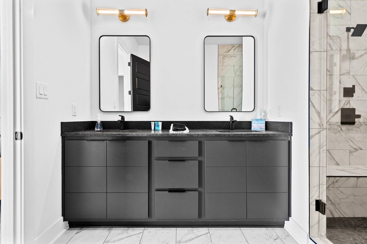 This modern double vanity blends style and functionality effortlessly, with bold details and thoughtful touches to elevate your bathroom experience.
