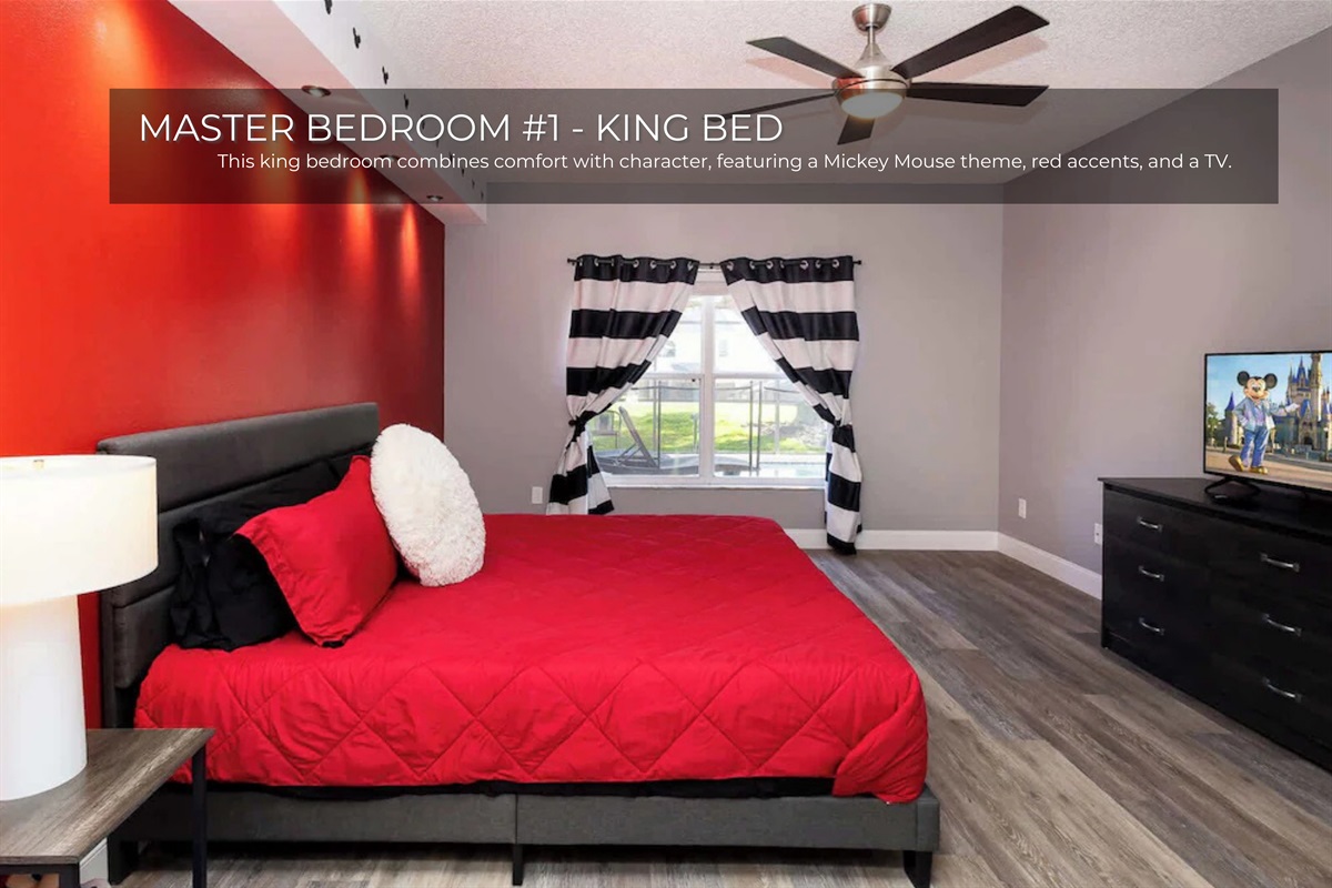 Bedroom 1 brings the magic of Disney to life with a red Mickey Mouse theme and a cozy king bed.