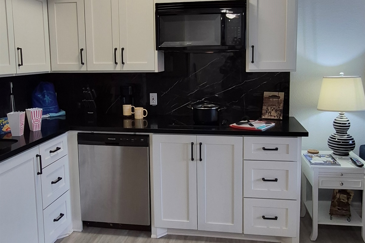 Everything you'll need from 2-burner cooktop, microwave, dishwasher and there's a large fridge as well (just not pictured).