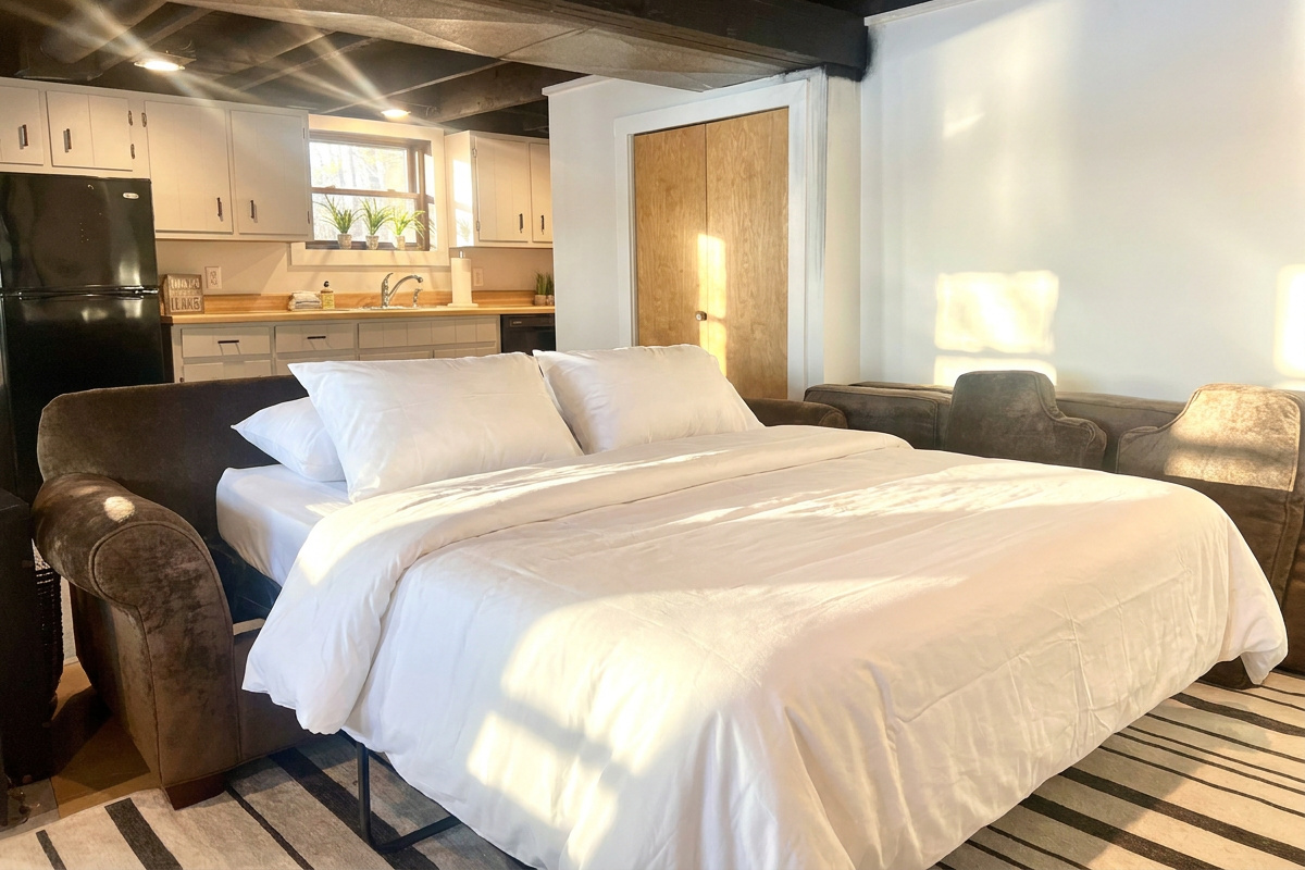 Pull out bed in lower level. Queen size for up to two people