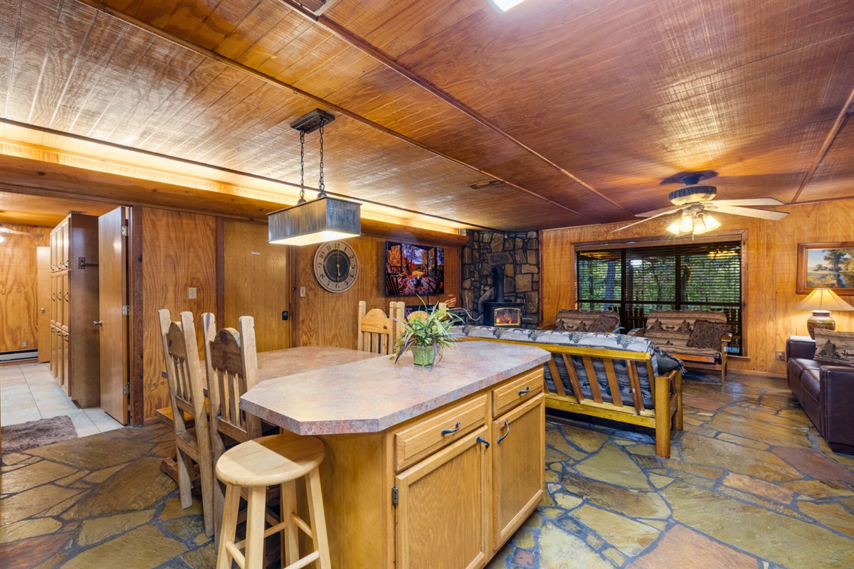 Open layout with kitchen, dining, and living all together.