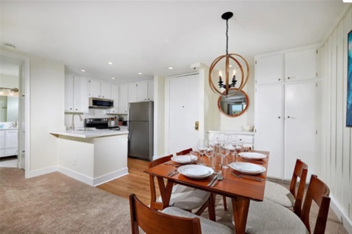 Teak Dining Room Set Stainless Appliances. Keurig Coffee Machine.