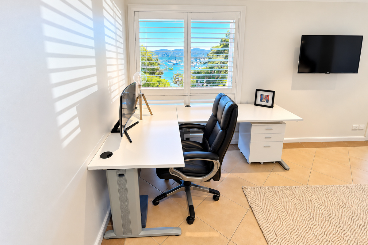This thoughtfully arranged home office offers plenty of room for working, studying or planning the day ahead. Natural light and a scenic waterfront outlook make it a pleasant place to spend time.