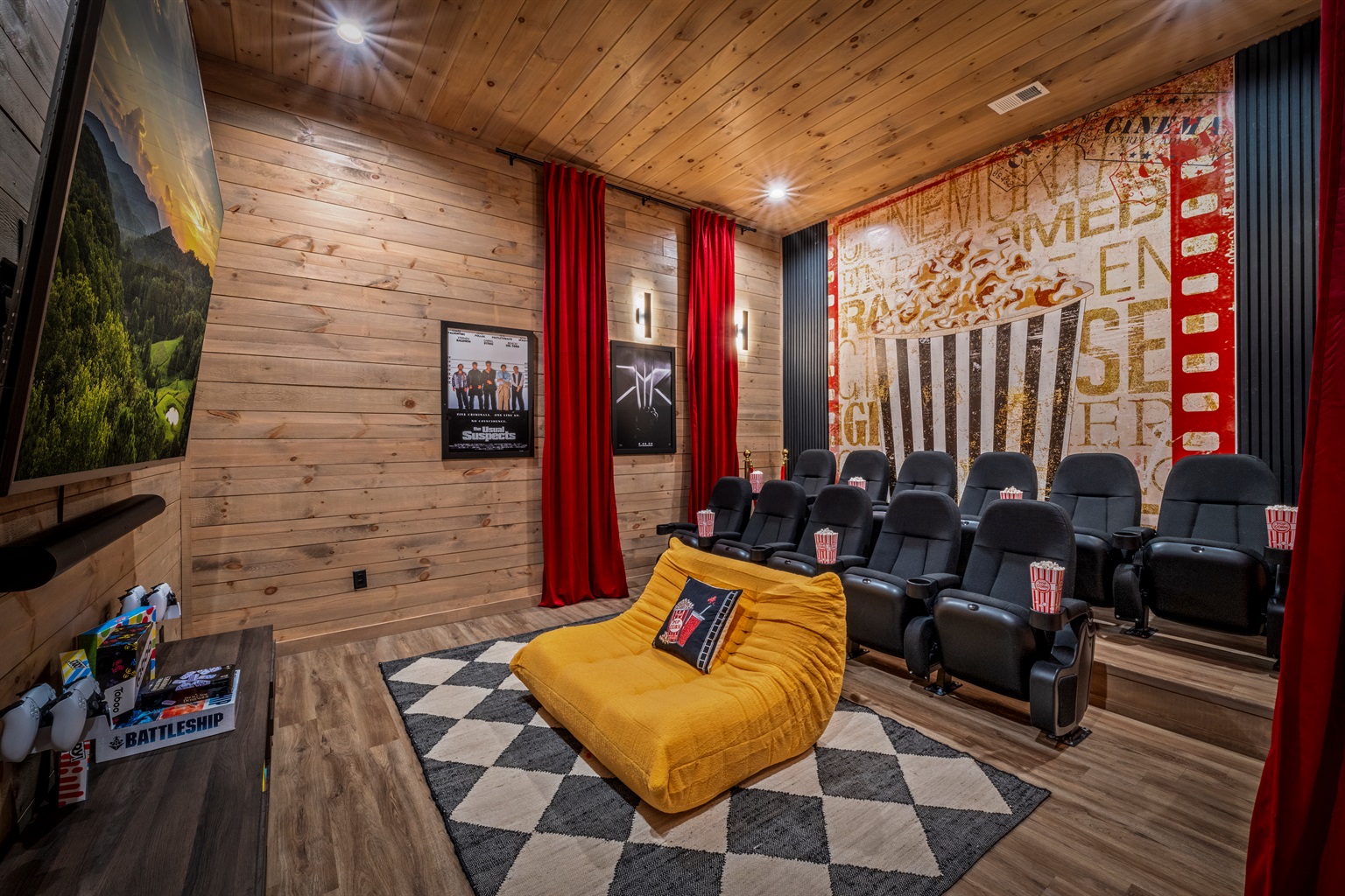 🎬 Cue the popcorn! Stadium seating, red velvet curtains, and a giant screen for epic movie marathons.