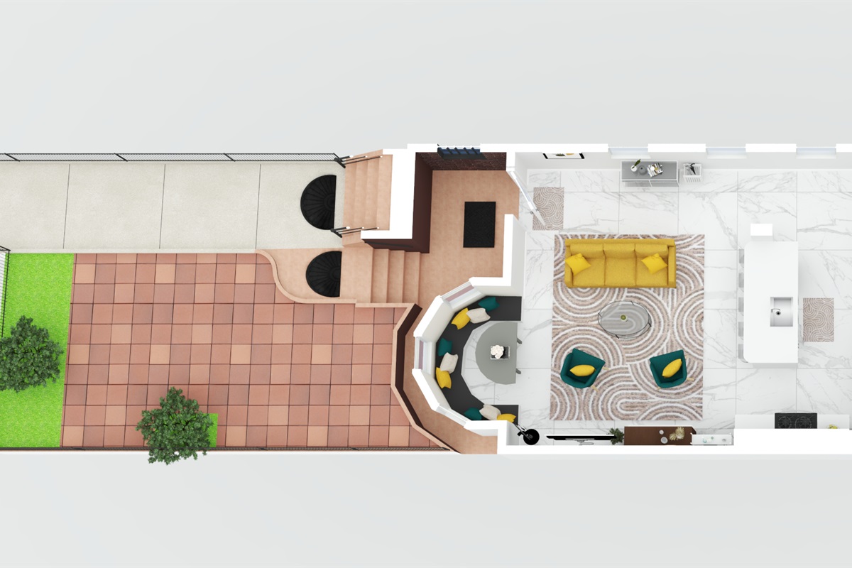 The lower level (Unit B) is approximately 1,300 sq ft total (interior) and has 4 bedrooms and 2.5 bathrooms, along with a shared front patio area and rear patio area on the exterior