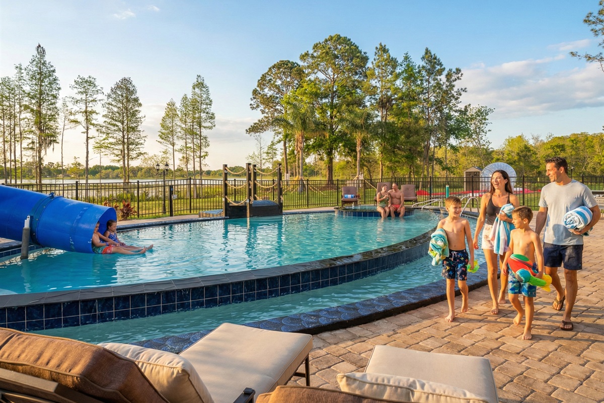 Waterslide and pool at Orlando vacation rental mansion