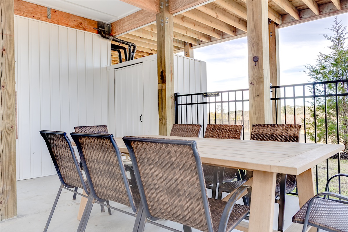 A shaded lounge area perfect for relaxing, chatting, and unwinding outdoors