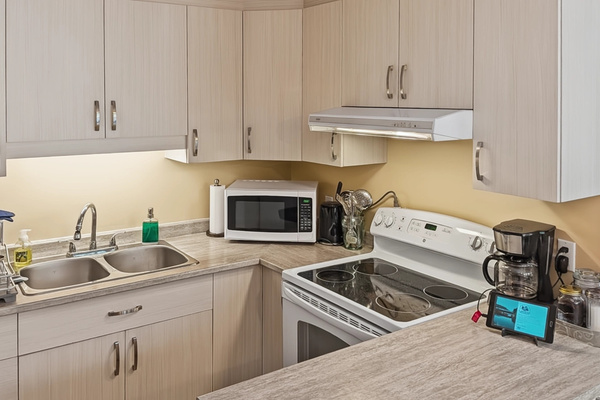 Kitchen counter up closer showing smaller appliances
