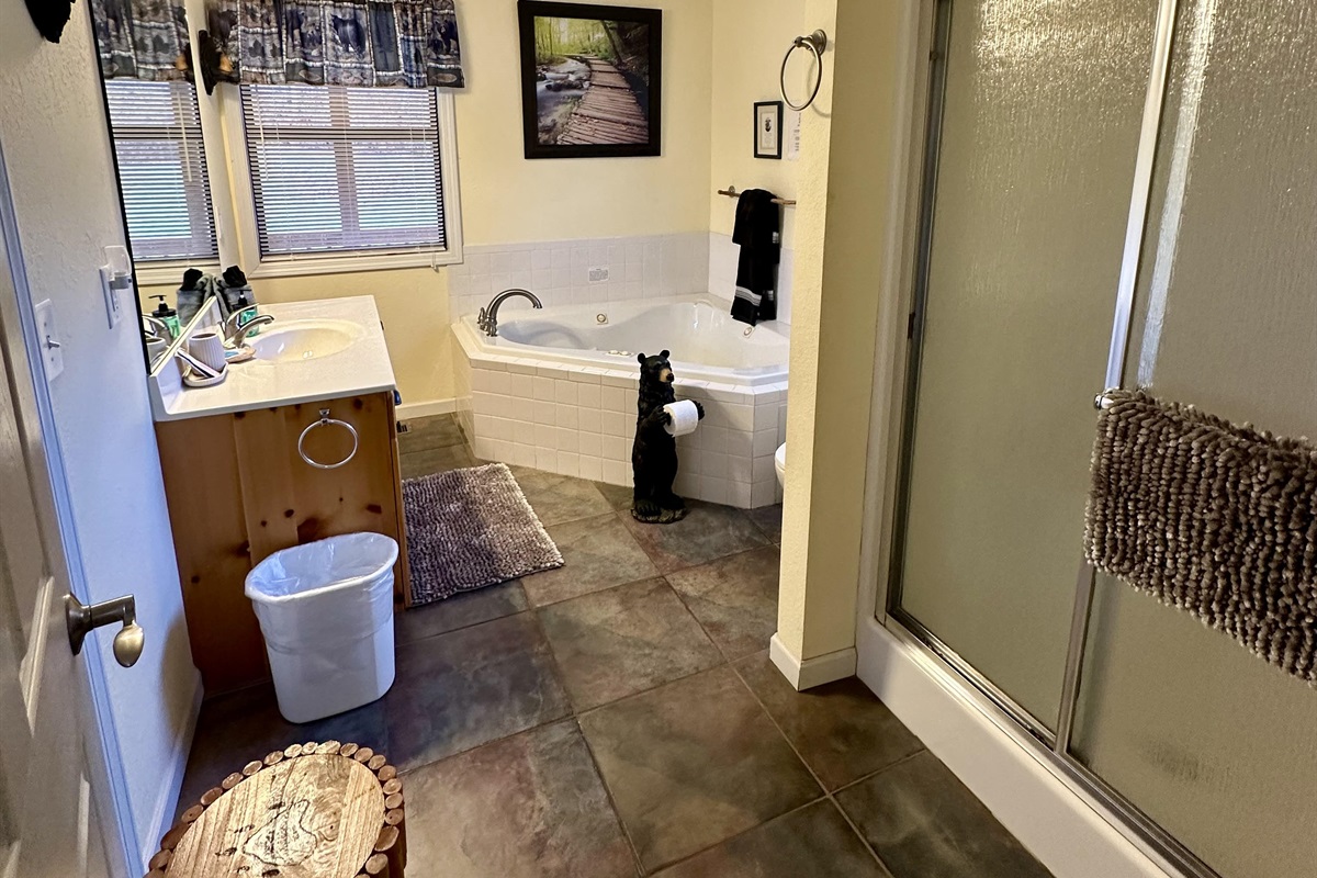 Modern bathroom with towels, starter soap & essentials provided