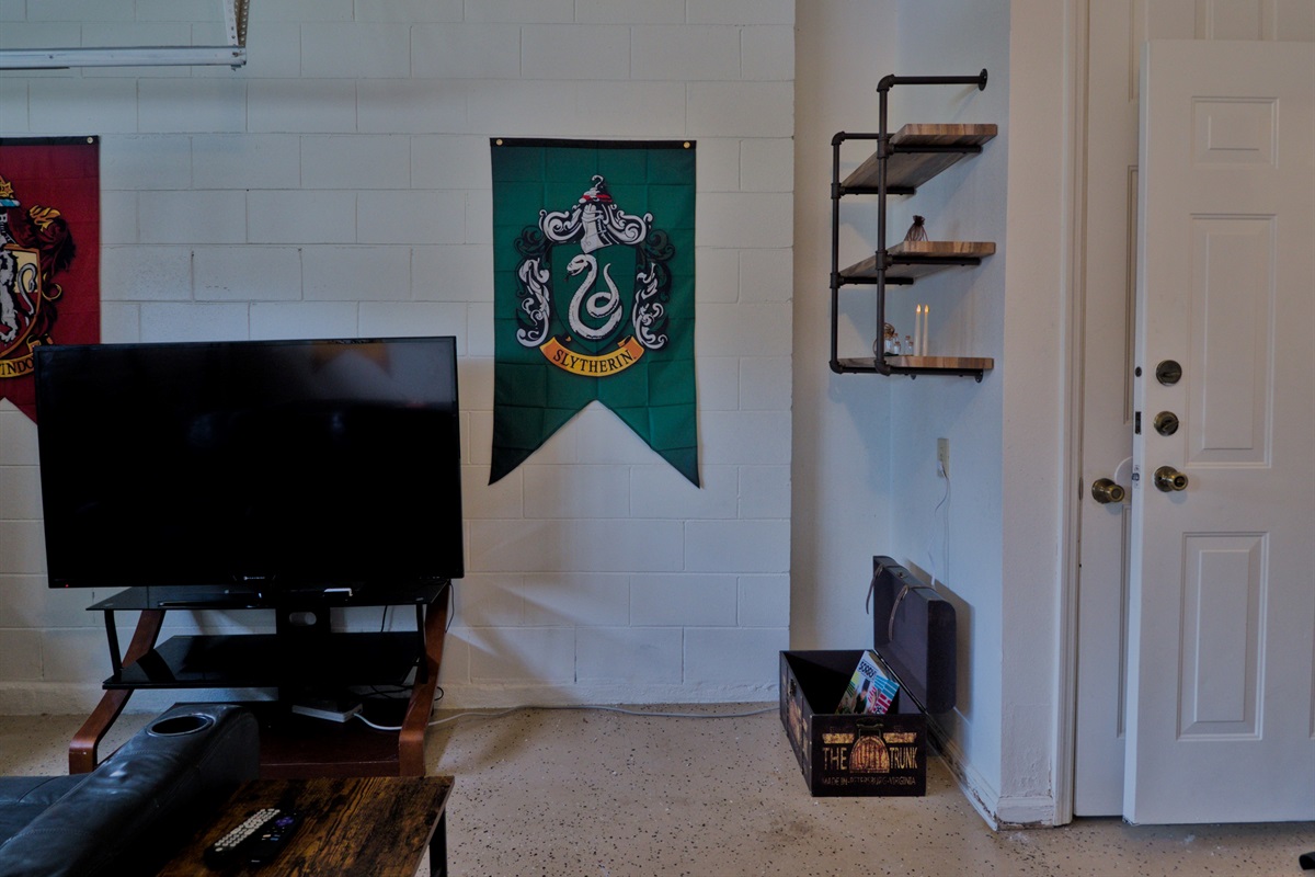 Harry Potter themed game room with TV, pool table/table tennis.