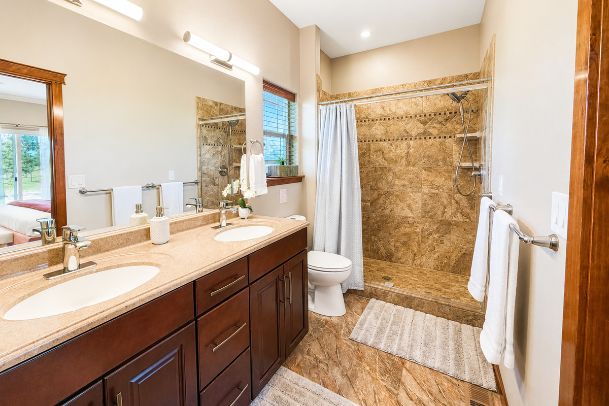 Experience serenity and convenience in our en suite master bathroom, complete with plush towels and essential amenities for your comfort. From luxurious bath linens to thoughtful toiletries, every detail is tailored to elevate your stay.
