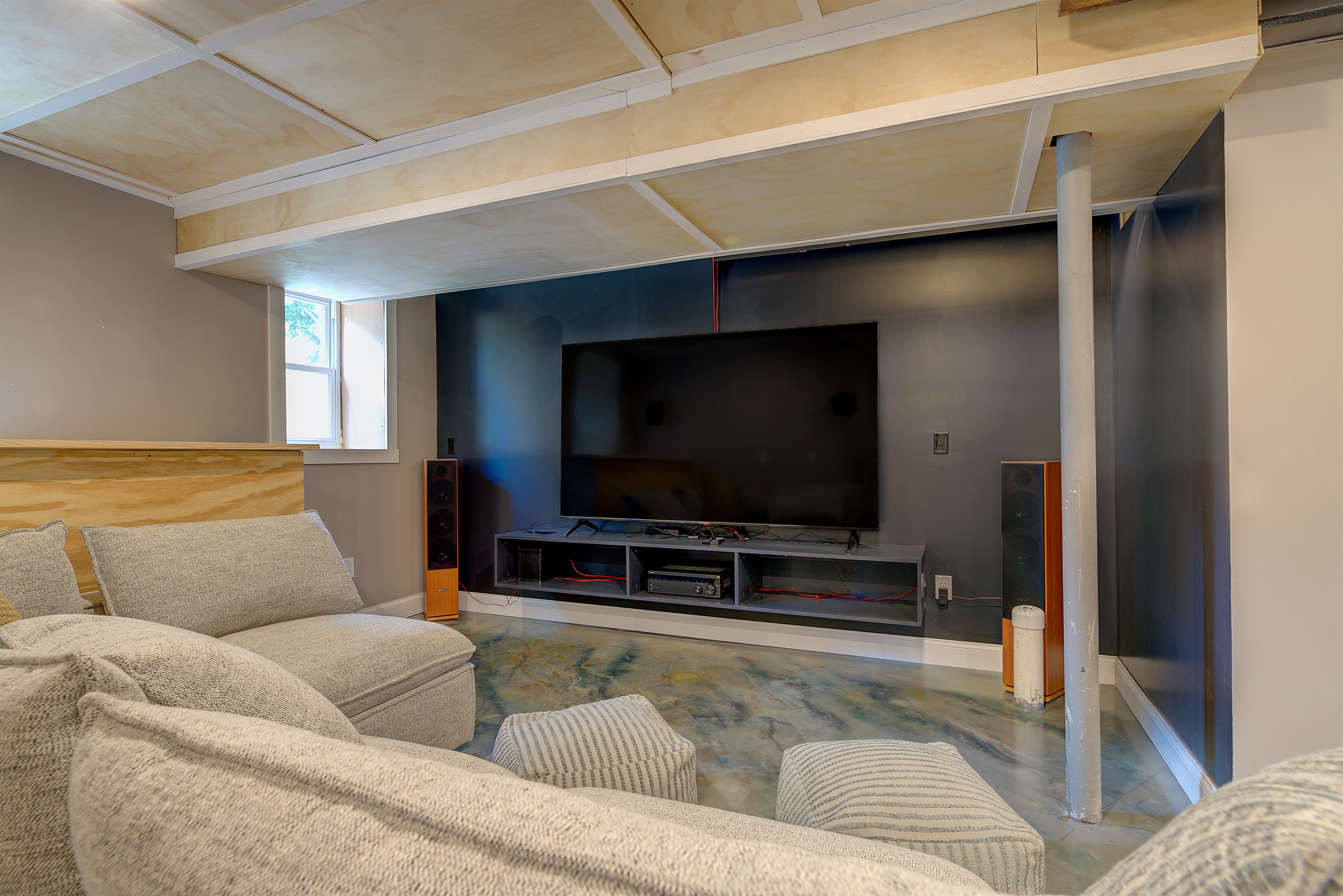 85" TV with surround sound. All bluetooth capable and compatible with Amazon and your streaming services.