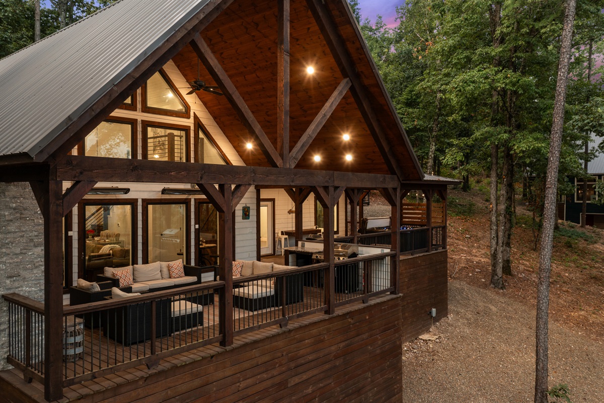 Beautiful cabin exterior showcasing rustic architecture and inviting outdoor spaces