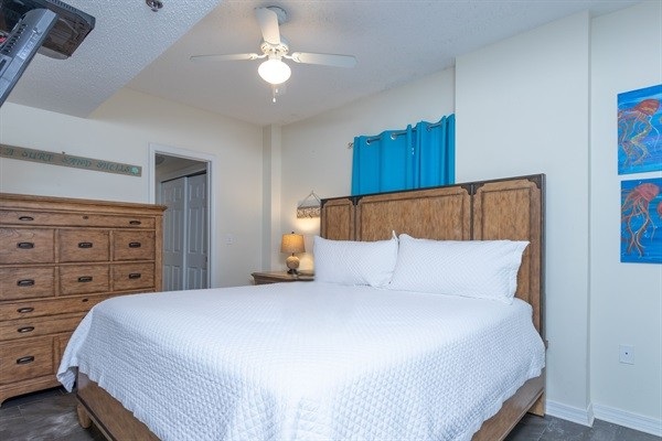 Primary Bedroom with King bed, ceiling fan and TV