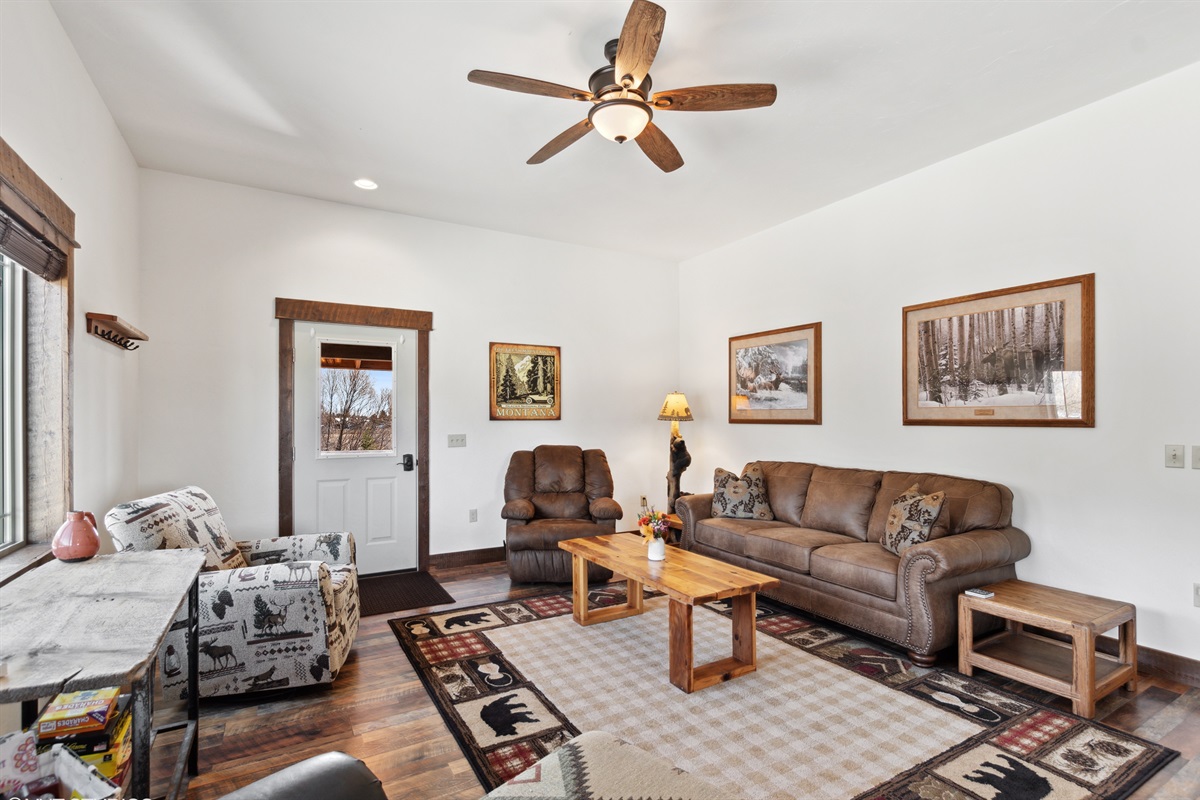 The living room sofa pulls out to make a queen size bed