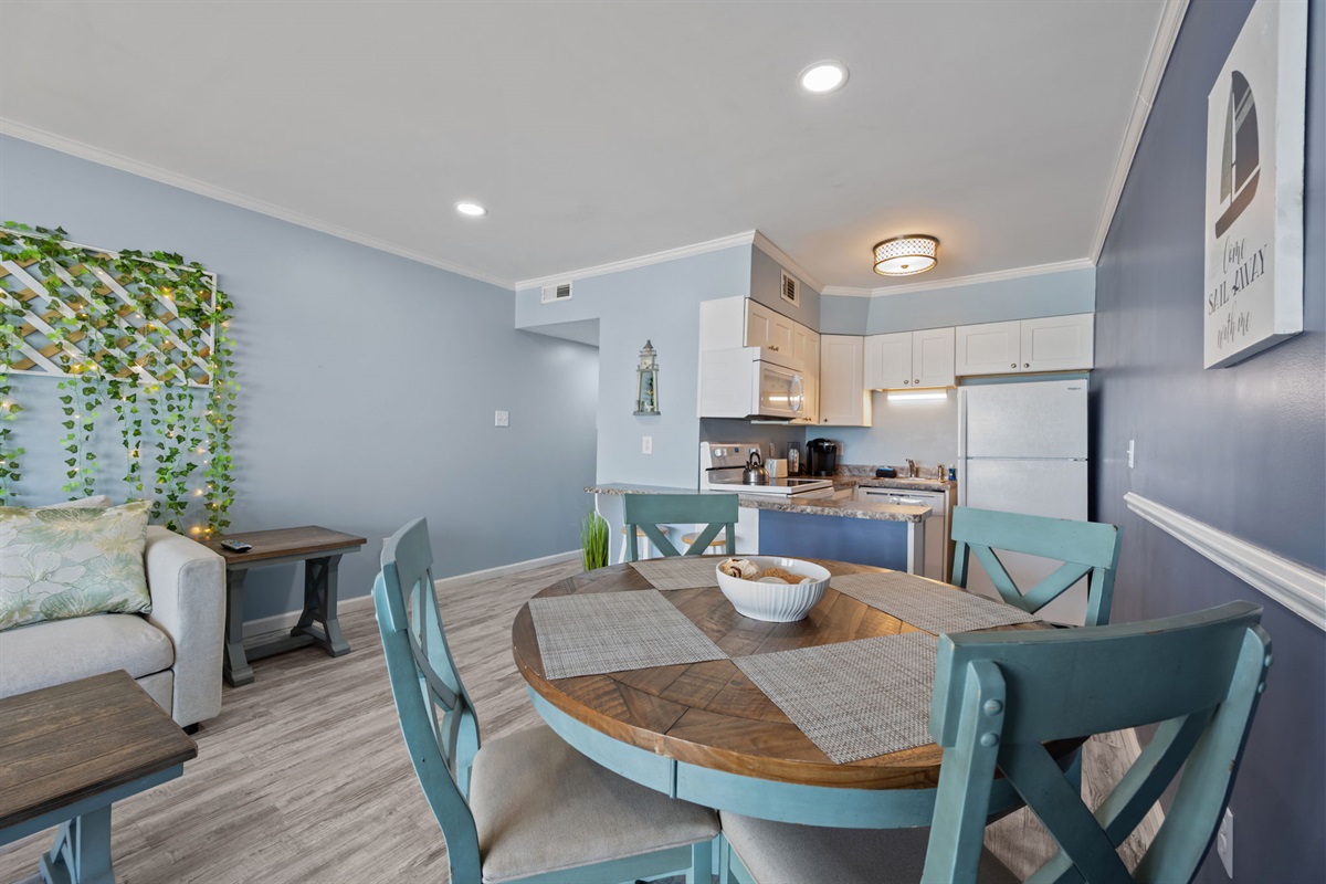Round table setup perfect for morning coffee or late-night conversations