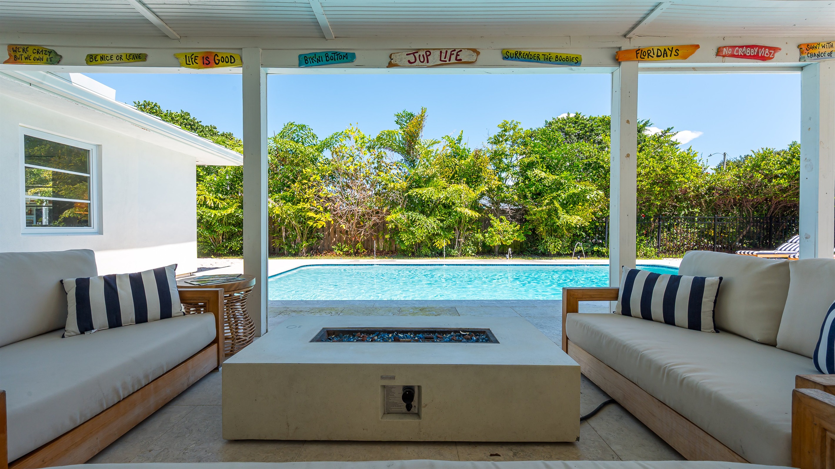 Heated saltwater pool with deck jets and color-changing LED lights. Perfect spot to soak up the sunshine and take a dip any time of day.
