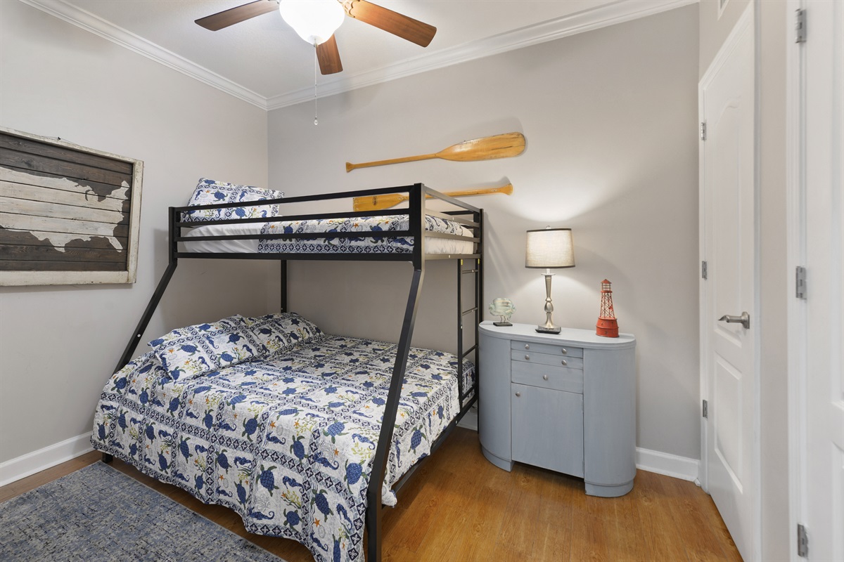 Bedroom 3. Twin over full bunk bed. Tv.