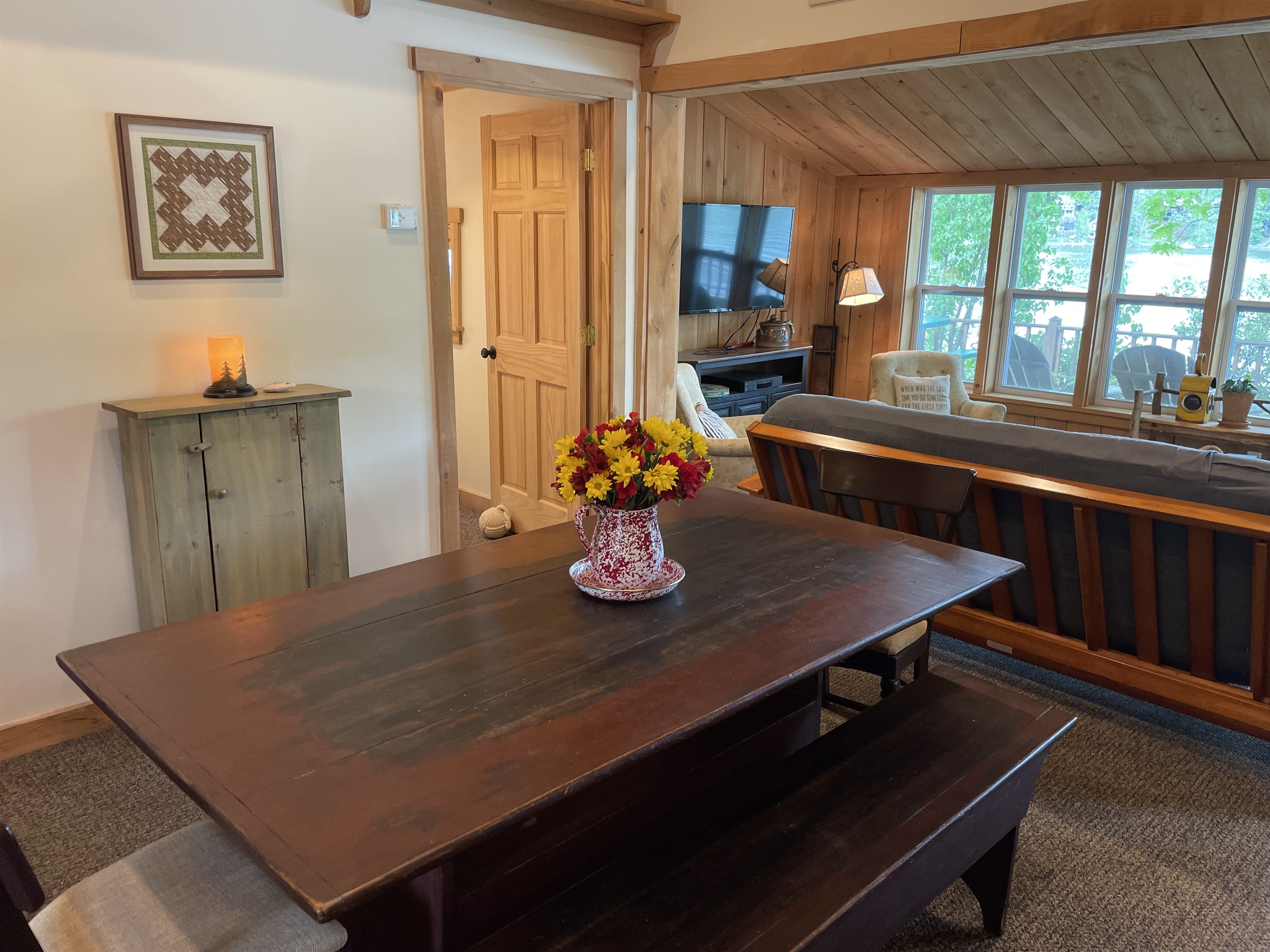 Dining area with lake in background