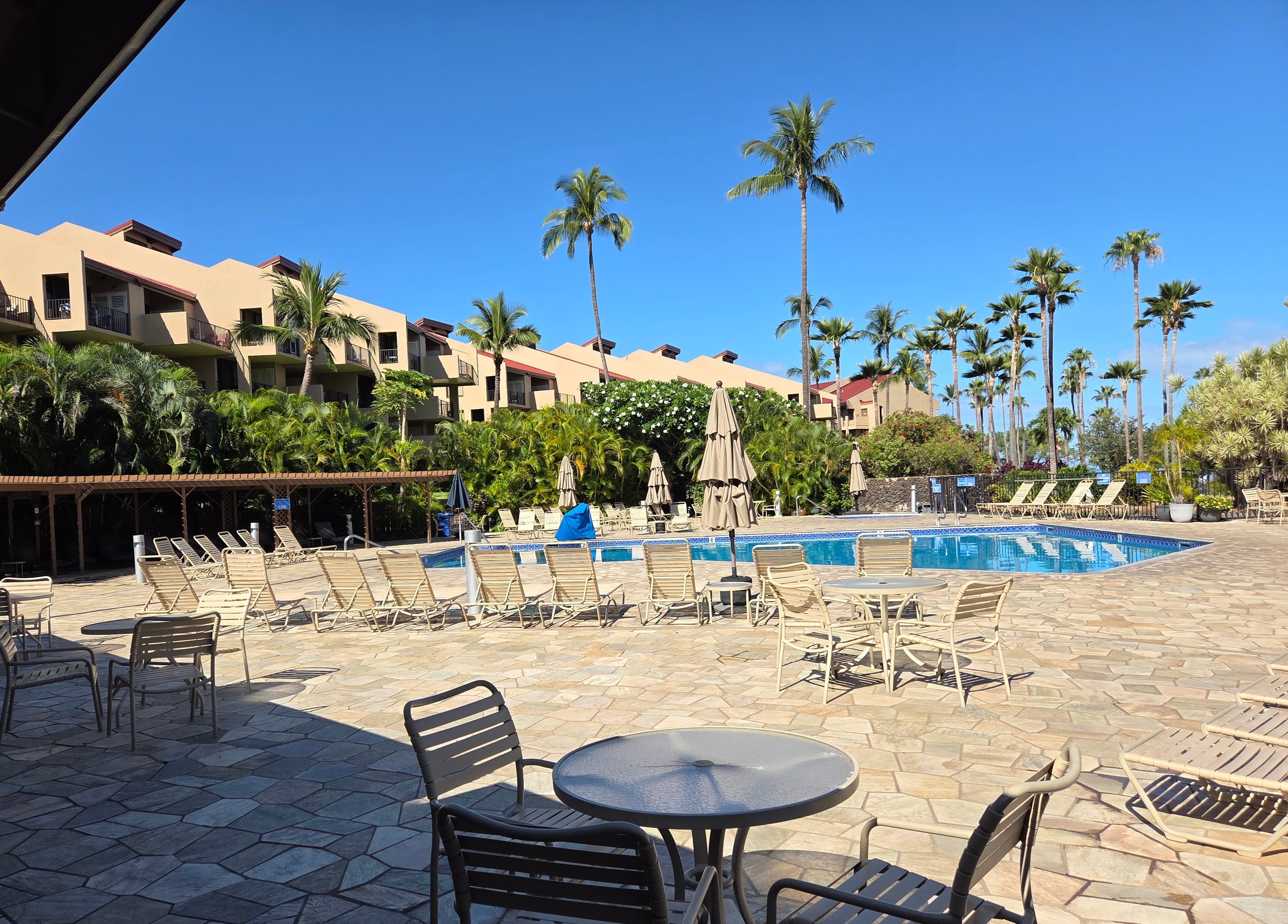 Pool area with shady gazebos to the left