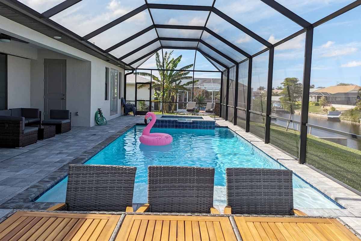 Pool and Lanai area with convenient outdoor pool bathroom for your comfort.