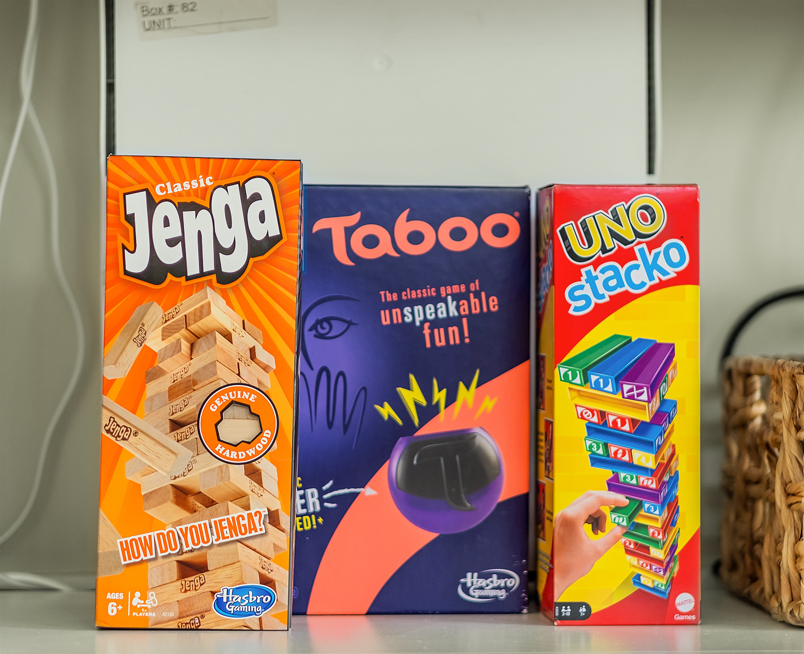 Family game nook at Bayside Bliss—classic board games like Jenga, Taboo, and Uno.