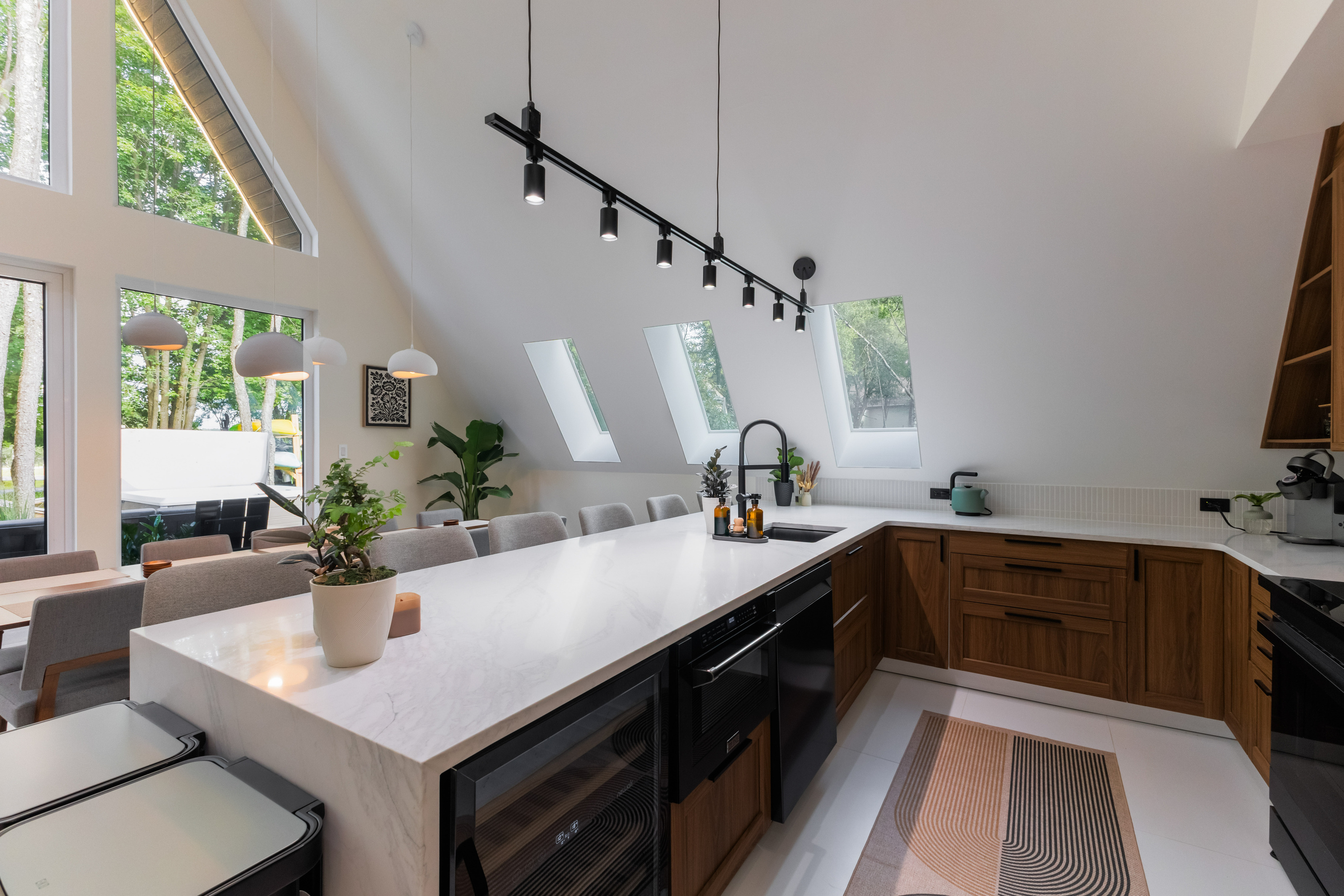 Waterfall island under the skylights