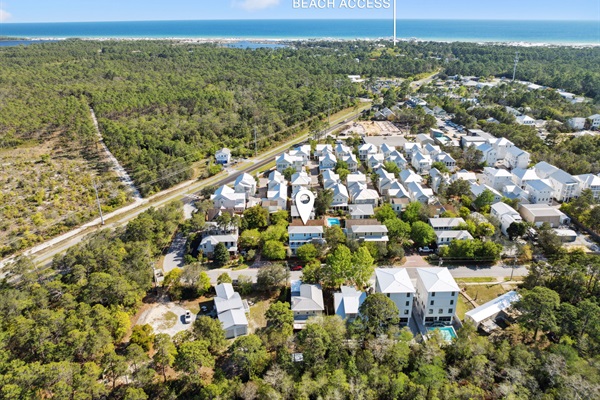 Beach access is just a quick 5-minute drive down the iconic Grayton Beach, through-town path.  Towering pines, magnolias, and scrub oaks twist in the ocean breeze--creating a stunning, windswept canopy as you head south towards the Gulf.