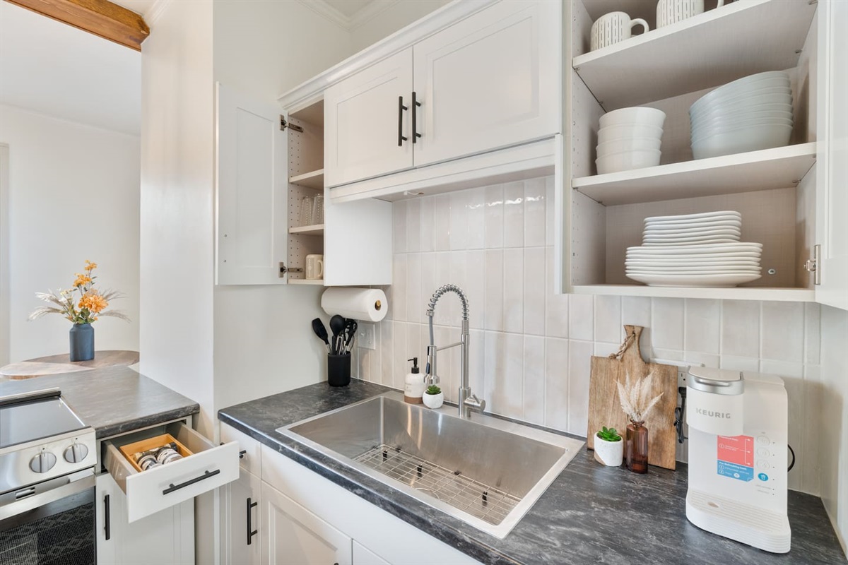 Fully stocked cabinets with dinnerware. We have even provided basic seasonings so that you don't have to. 