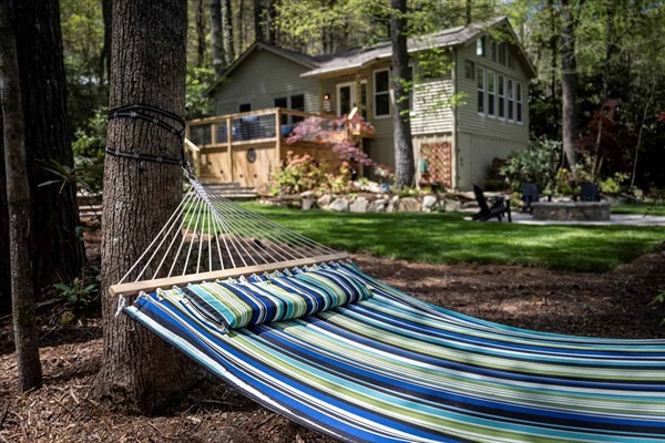 Take in the breezes and dappled sunlight while relaxing in the hammock near the lake.