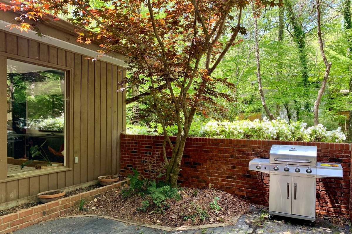 The central courtyard sits between the kitchen, living, and dining rooms. Grill and beautiful Japanese maple! 