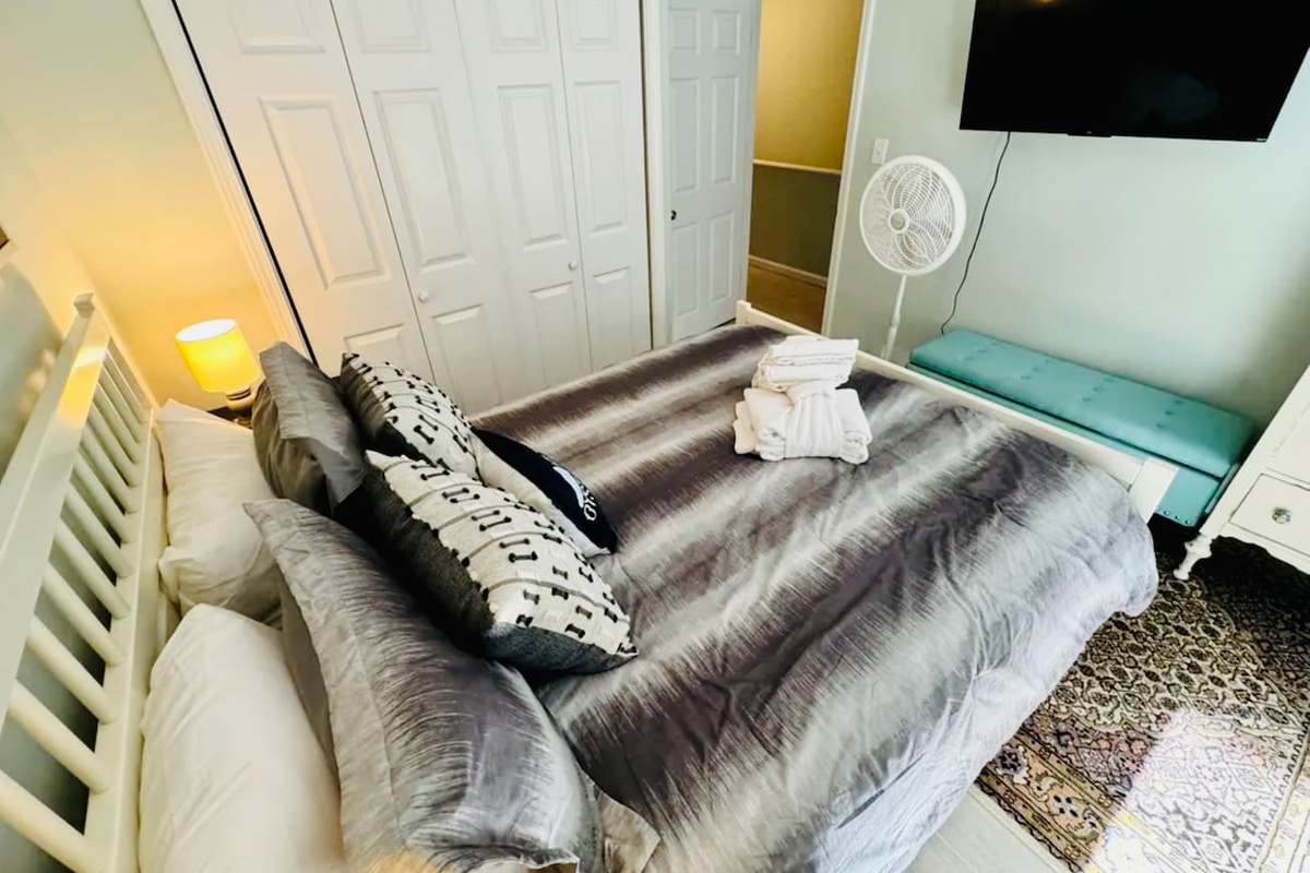 Bedroom with plush bedding