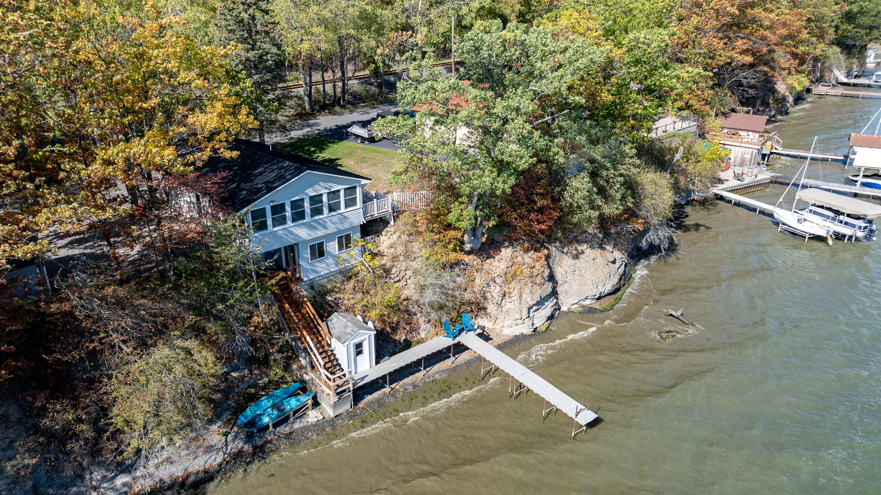 Aerial view of your secluded getaway surrounded by nature — the ultimate Finger Lakes retreat.